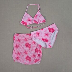 Girls Pink Hibiscus Floral 3-Piece Bikini Set with‎ Mesh Sarong Size 10Y